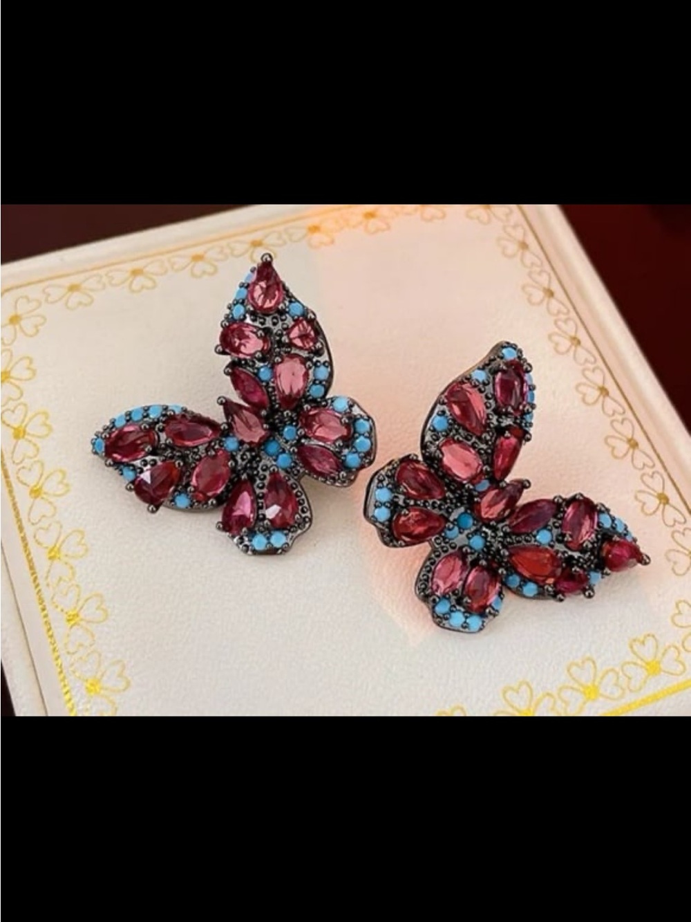 Hematite finish hot pink and turquoise shaded crystal butterfly earrings #511